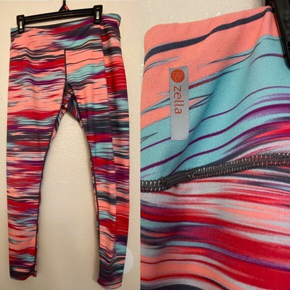 Zella Womens Stretch hi rise full length Leggings colorful rainbow sunset -L - Picture 1 of 10